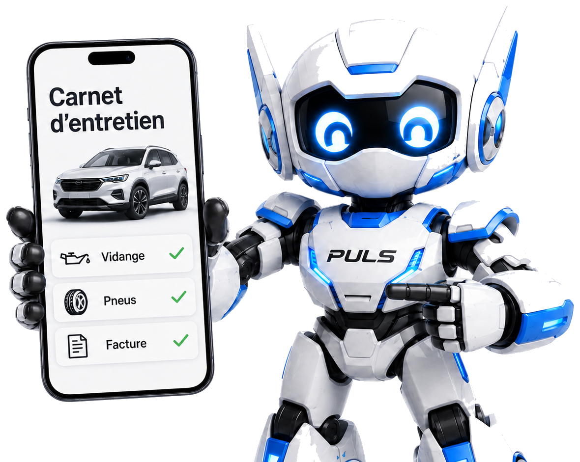 Puls, la mascotte Propulsecar, présente le carnet d'entretien sur un téléphone : vidange, pneus et facture enregistrés.