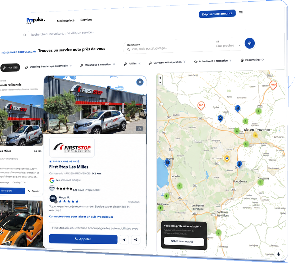 Répertoire Services PropulseCar : carte et fiches d’établissements